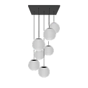 24" Square Metal Chandelier: 7 Pendant Black with Modern White Globe Shades
