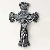 Saint Benedict Wall Crucifix, Antique Silver Finish, Embellished Ends
