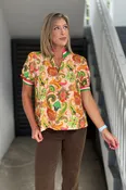 Abstract Jacquard Print Puff Sleeve Top
