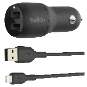 Belkin BoostCharge Dual USB-A Car Charger 24W and USB-A to Lightning Cable Black