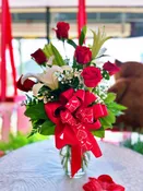Half Dozen Red Roses with White Lilies