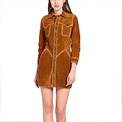 Camel Brown Button Up Women Suede Leather Short Dress