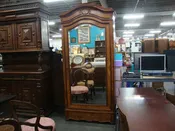 Antique French Linen Press Cabinet with Beveled Mirror Front and Interior Shelves