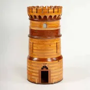 20th C Handcrafted Wooden Castle Model with Interior Illumination and Marquetry