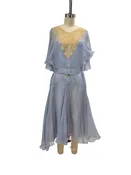 1930s Pale Blue Silk Chiffon Lace Deco Rhinestone Belt Formal Dress