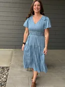 Adeline Smocked Waist Chambray Dress – Flutter Sleeve Denim Midi