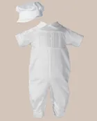 Boys Cotton Sateen Short Sleeve Christening Baptism Coverall with Pleated Front and Hat