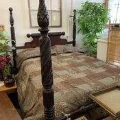 Dark Wood Four Poster king Bed (previously repaired on one piece) — The Predecessors Estate Sales - Online