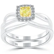 0.39 Carat Fancy Yellow Cushion Cut Diamond Engagement Ring & Wedding Band Set