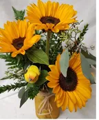 3 SUNFLOWERS IN A COLORED VASE WITH FILLER (E)