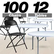 100 Pack Black Plastic Folding Chair and 12 60" (5 Foot) Round Plastic Folding Table