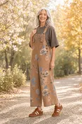 Easel Floral-Print Washed Denim Cropped Overalls – Mocha