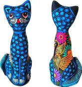 Hand Painted Cat Sculpture Figurine - Blue and Black Colorful Hand Painted Unique Gift for Cat Lovers, Home Decor, Office Décor