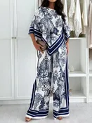 Asymmetrical Printed Top and Wide-Leg Pants Set