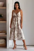 Beige Printed V-Neck A-Line Dress