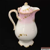 A. Lanternier Limoges Chocolate/Coffee Pot &amp; Lid Pink Gilded Leaves Marked ATQ