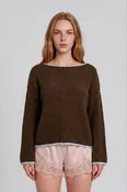 BOAT NECK CONTRAST TRIM LONG SLEEVE KNIT SWEATER
