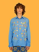 Embroidered Pinwheel Flowers Shirt in soft Blue Cotton