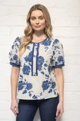 Blue Floral Jacquard Short Sleeve Top