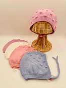 0-3 M Cotton Knit Baby Bonnet with Bobbles and tie