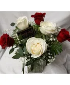 3 RED AND 3 WHITE ROSES ARRANGED IN A VASE (R)