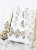 Cream Mustard Printed Cotton Blend Unstitched Suit & Pant With Cotton Dupatta