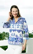 3/4 Sleeve Ikat With Elephant Print Blues And White