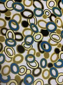 Awesome abstract circle 100% cotton print made by Maywood Studios. White background with gold color, teal and black shapes. — The Broadway Silk Store