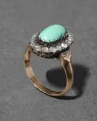 Antique 1800s 14k Gold with Turquoise Surrounded by Diamond Halo Ring