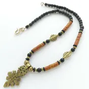 Ethiopian Brass Cross and Ghana Brass & Vinyl Heishi, 17 inches