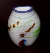 1988 Robert Jones Signed Hand Blown White Glass Vase w/ Cane Pieces & Purple Lip