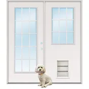 15-Lite/9-Lite Fiberglass Patio Prehung Double Door Unit with Pet Door Installed