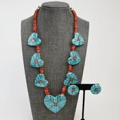 Angie Reano Owen (Santo Domingo) Silver, Turquoise, Shell and Spiny Oyster Necklace and Earrings — Turkey Mountain Traders