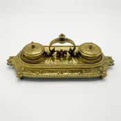 Antique Cast Brass Ink and Pen Set with Glass Ink Liners - 4" Tall