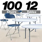 100 Pack Blue Plastic Folding Chair and 12 60" (5 Foot) Round Plastic Folding Table