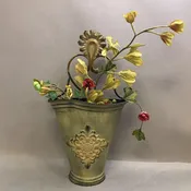 Brass Ornate Wall Pocket Planter W/ Faux Foliage(18")