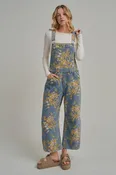 Bon - Floral Print Denim Overall Jumpsuit w/Barrel Leg