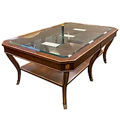 Maitland Smith Empire Style Large Banded Inlay Mahogany Glass Top Coffee Table