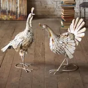 Antique White Metal Turkey Statues, Set of 2