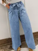 Beau Blue Western Washed Bow Knot Sash Wide Leg Jeans