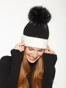 Angora Blend Two-tone Hat w/ Genuine Fur Pom in Black/White
