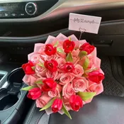 25 Pink Roses & 10 Red Tulips Bouquet