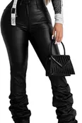 Black Coated Leather High Rise Stacked Flare Pants