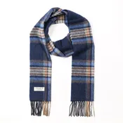 100% Irish Lambswool Long Scarf - Navy, Orange & Denim Check
