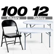 100 Black Metal Folding Chairs + 12 Plastic Round Table Kit