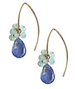 14k Gold Fill Curve Stick  Earwire with Iolite Briolette and Cluster of Aqua Blue Chalcedony Earrings