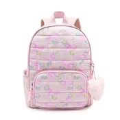 Floral Bow Print Quilted Large Backpack With Charm