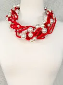 5 Strand Mixed Large Pearls on Cord Necklace, White/Red