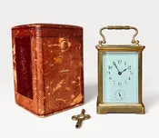 Antique Late 19th C H&H French Brass Carriage Clock w/ Original Case & Key WORKS