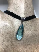 Antique Aqua Blue Volcanic Glass Boho Choker Black Velvet Ribbon Necklace